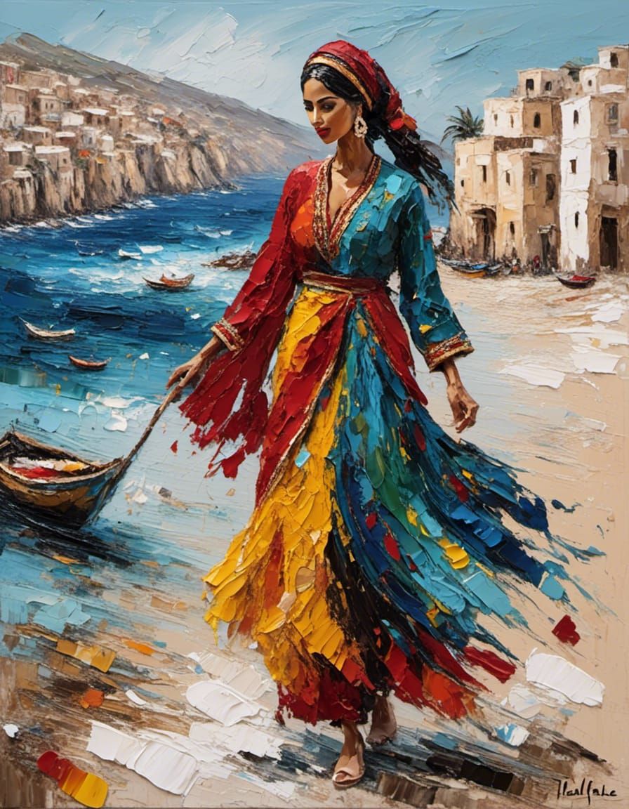 Palestinian Woman in Embroidered Thobe: Impasto Oil Painting