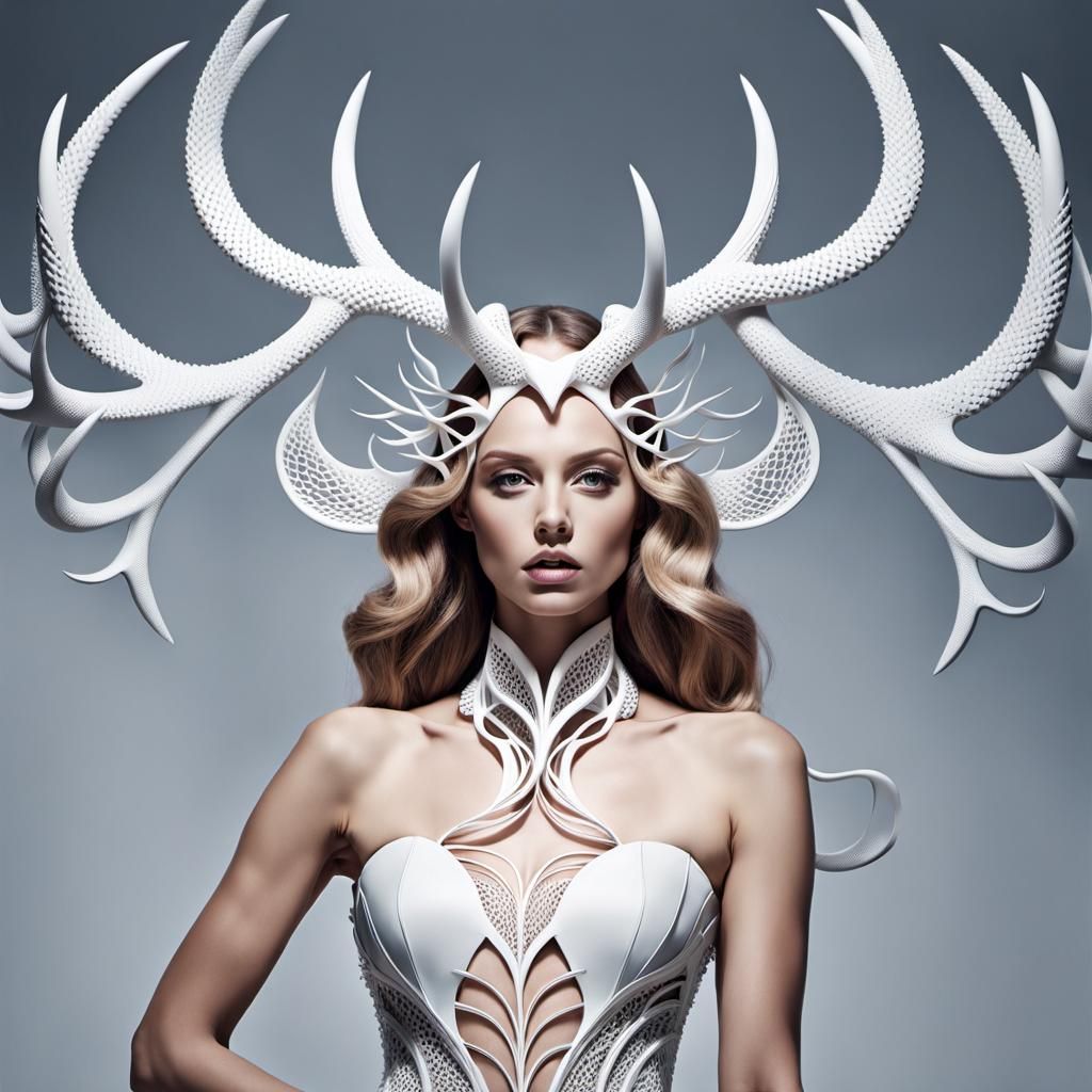 Creat a photo of a fashion model wearing antlers inspired by...
