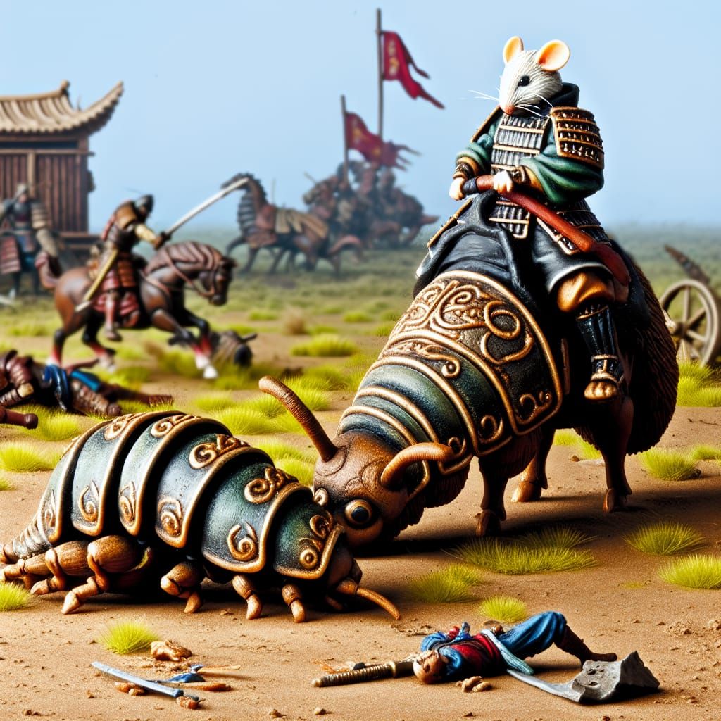 Armored Caterpillar and Mouse Rider on Battlefield
