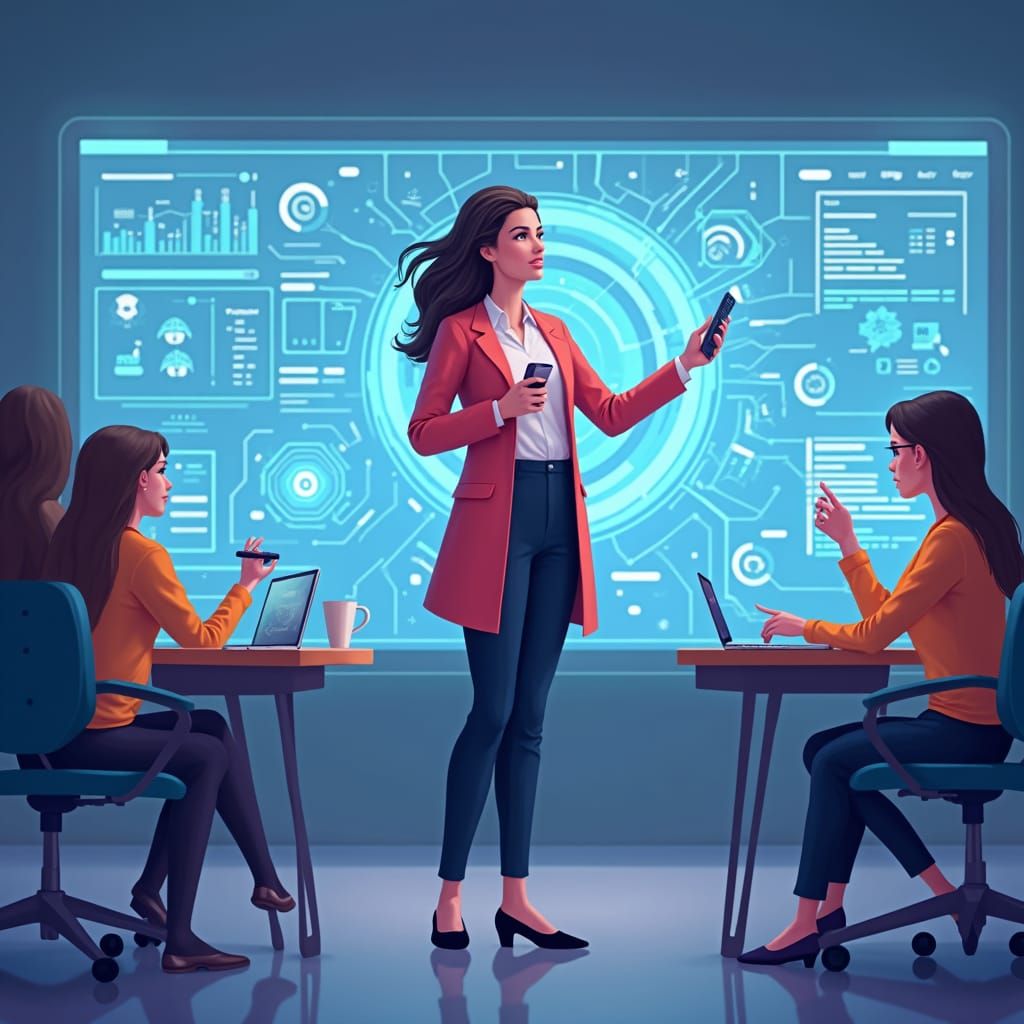 Inspiring Female Professor in Futuristic Classroom