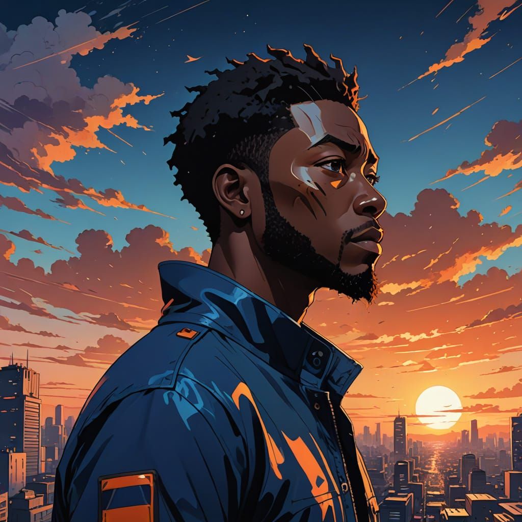 African American Man in Sunset, Cel-Shaded Anime Style
