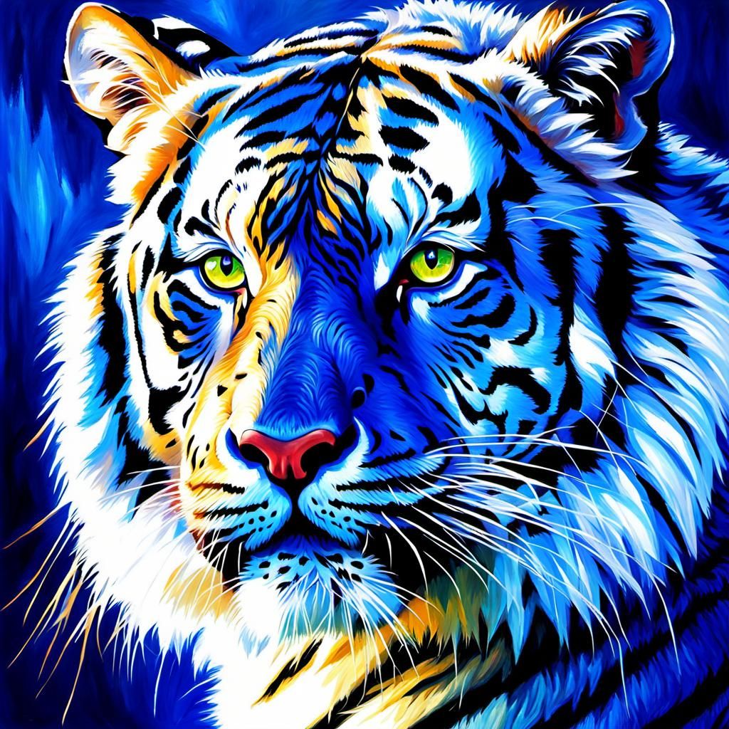 Blue Tiger Portrait in Expressionist Oil Painting Style