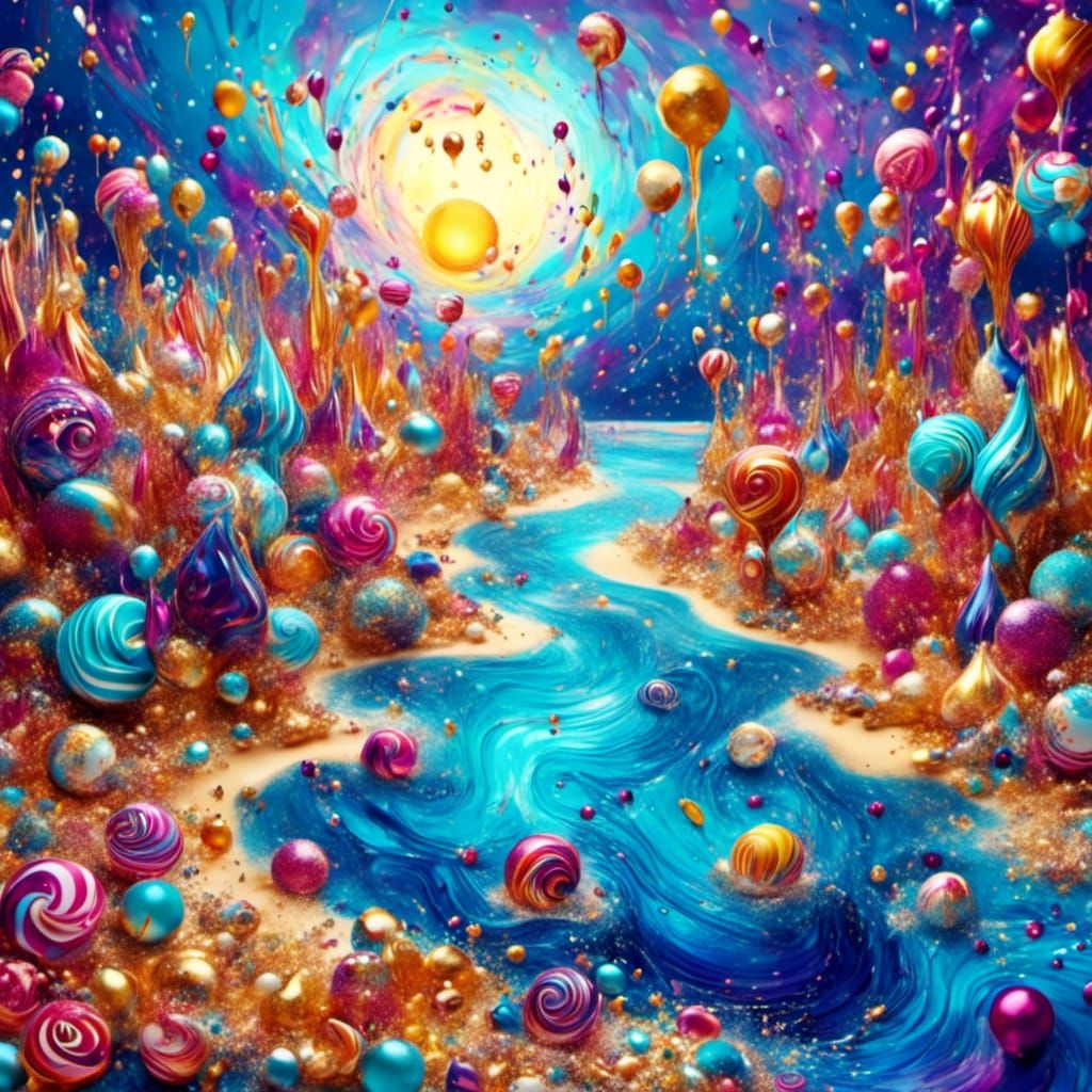 Candy Art Beach Sunrise with Abstract Goo