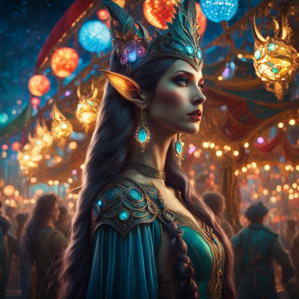Elf Woman Gazing at Carnival Lights: Dark Fantasy Art