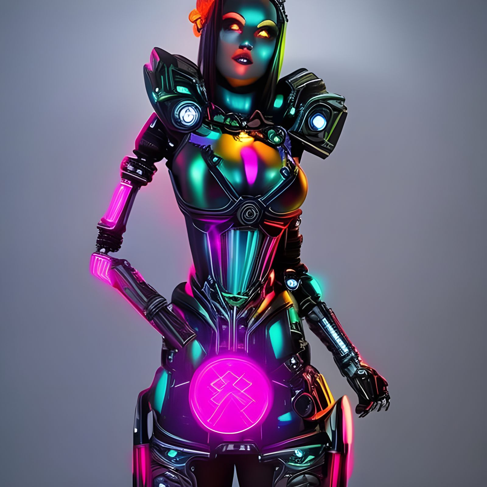 Neon Cyberpunk Cyborg Goddess in Steampunk Style