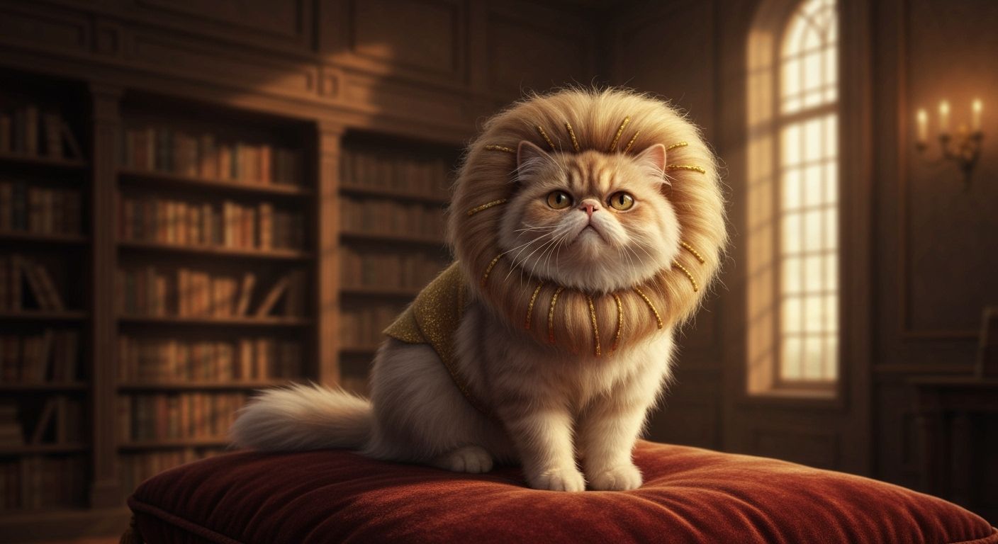 Fluffy Persian Cat Dressed as Regal Lion in Library