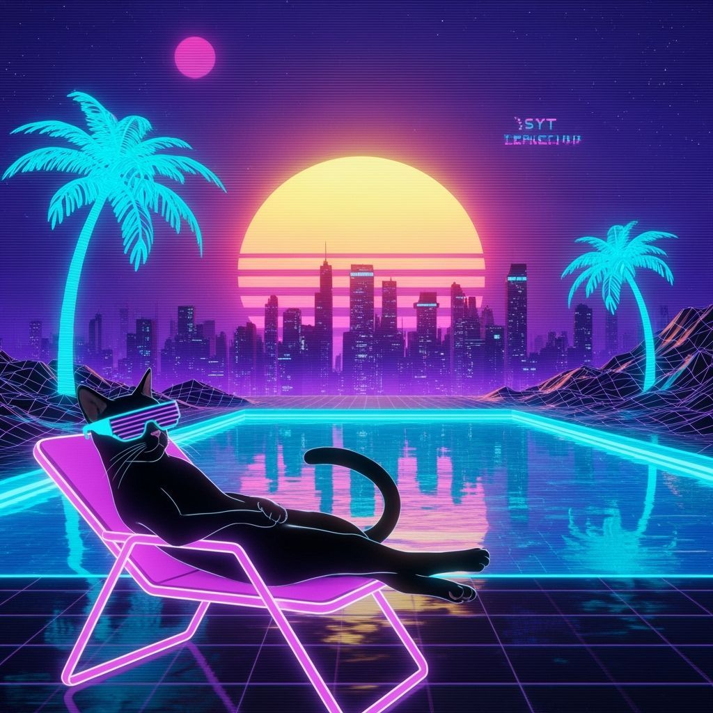 Cyberpunk Cat Lounging by Neon Pool at Sunset