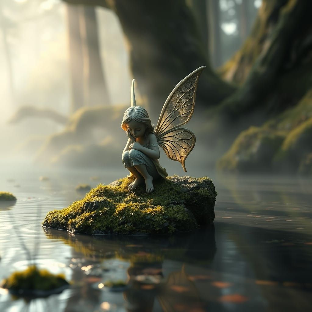 Mystical Fairy Statue Amidst Enchanted Forest