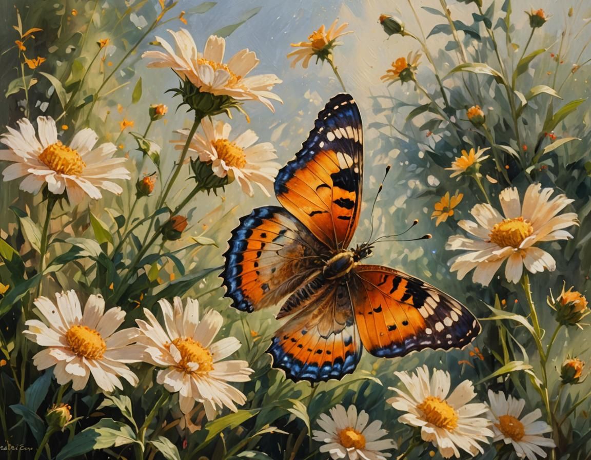 Butterfly on Flower in Impressionist Oil Painting