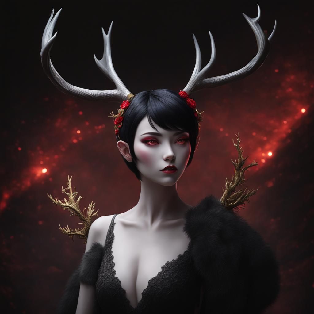 Faun Girl in Dystopian Landscape, Charcoal Drawing