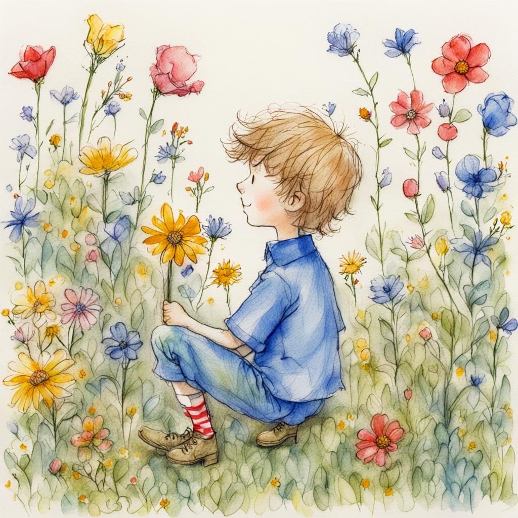 Boy Prince Among Flowers in Crayon Style