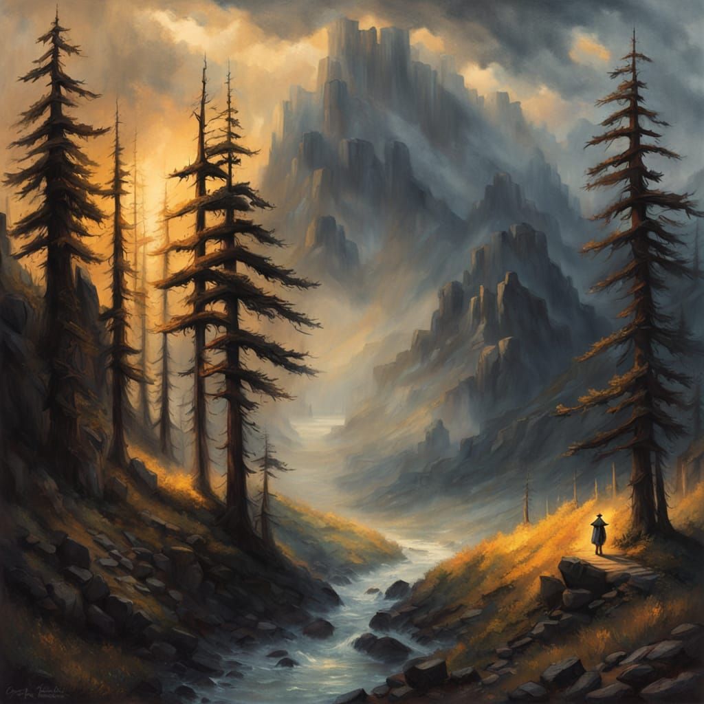 Dark Fantasy Traveler Crossing Treacherous Pass