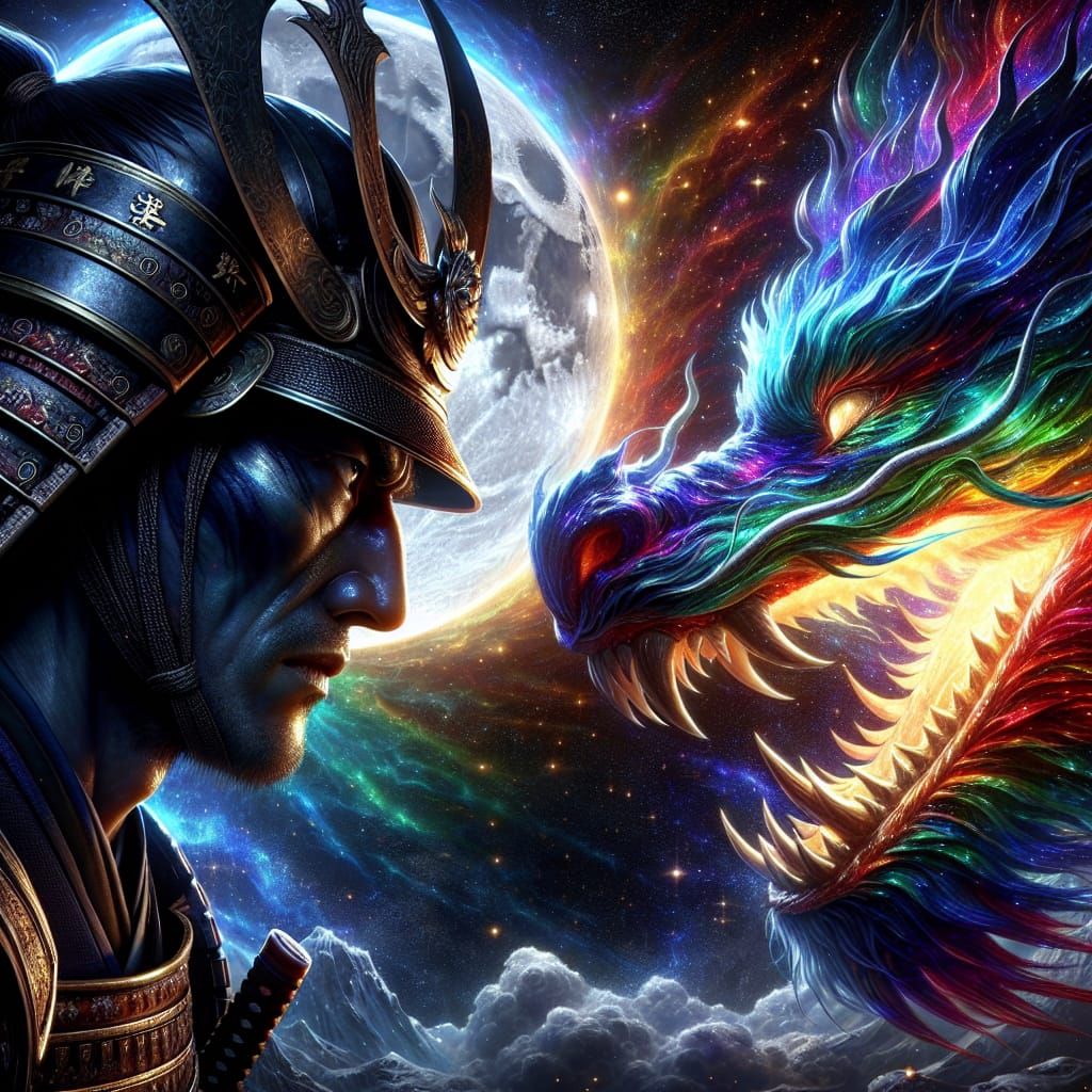 Samurai Warrior Face-Off with Rainbow Dragon