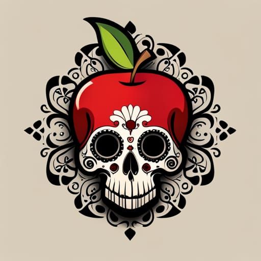 Minimalist Skull Apple Illustration in Red, Black, White