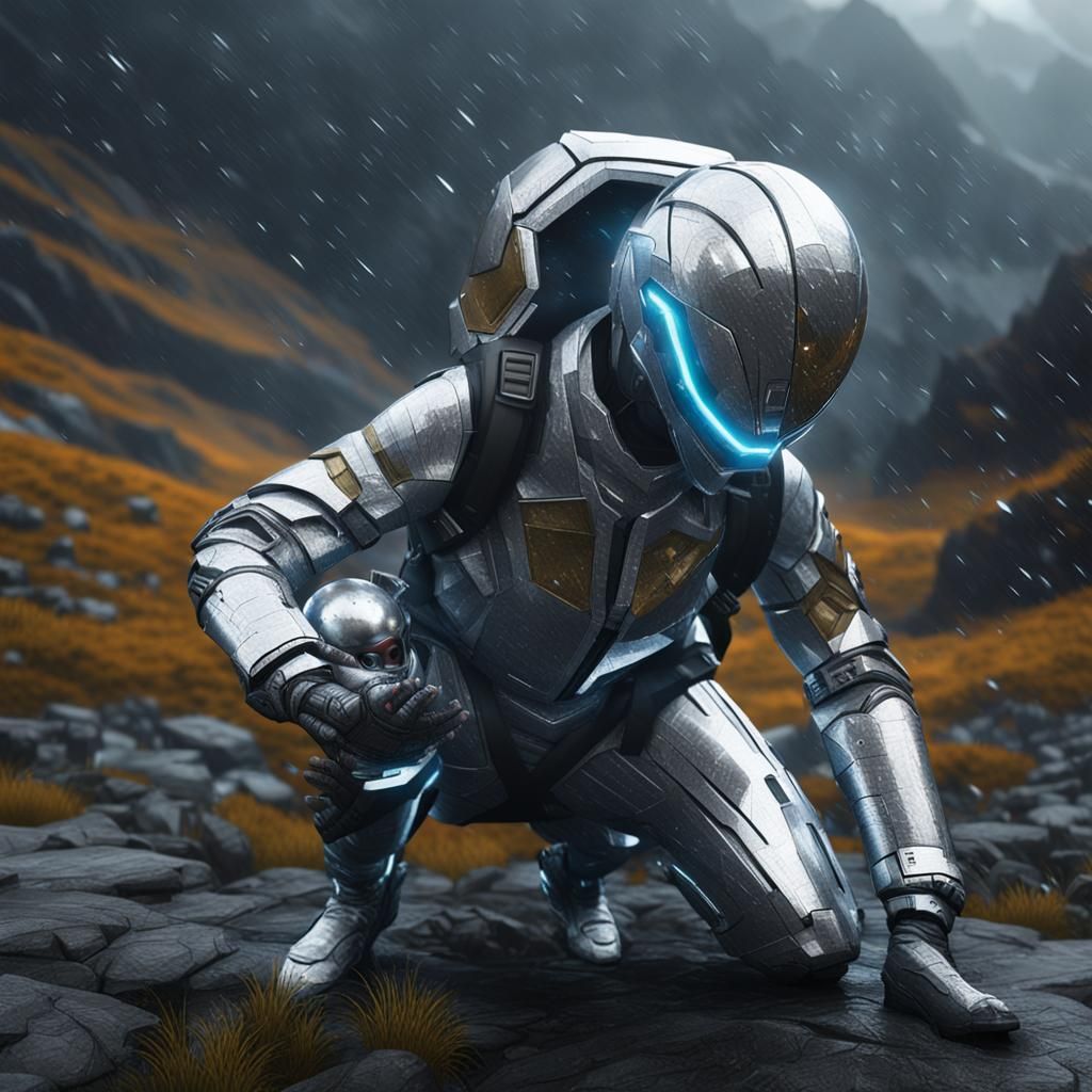 Futuristic Woman and Baby on Rainy Mountain