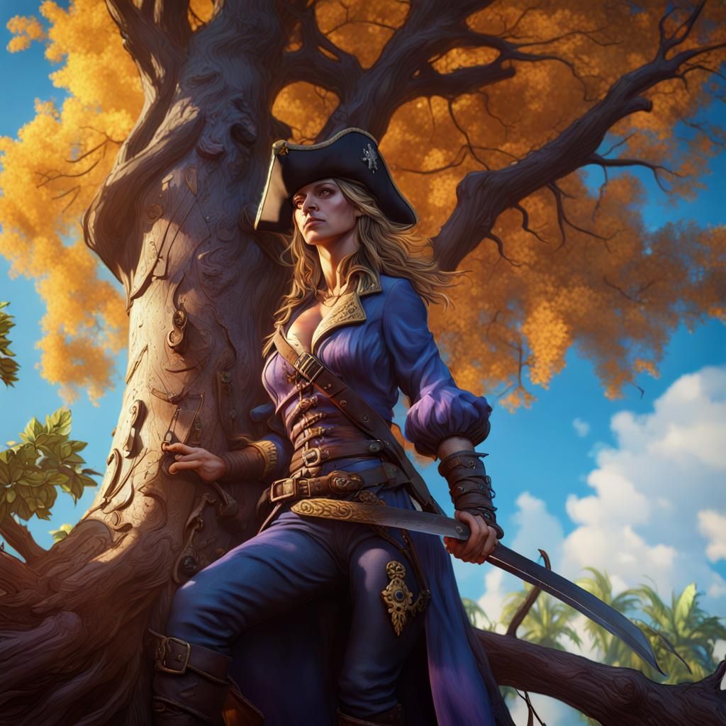 Pirate Chopping Tree Under Blue Sky in Dark Fantasy Art