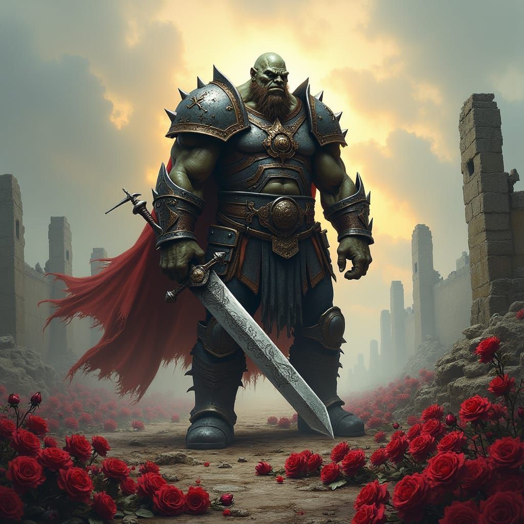 Orc Champion on Battlefield in Dark Fantasy Style