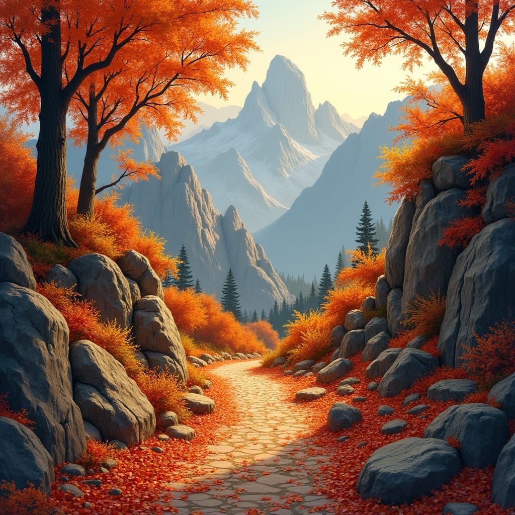 Autumn Mountain Path in Impressionist Style