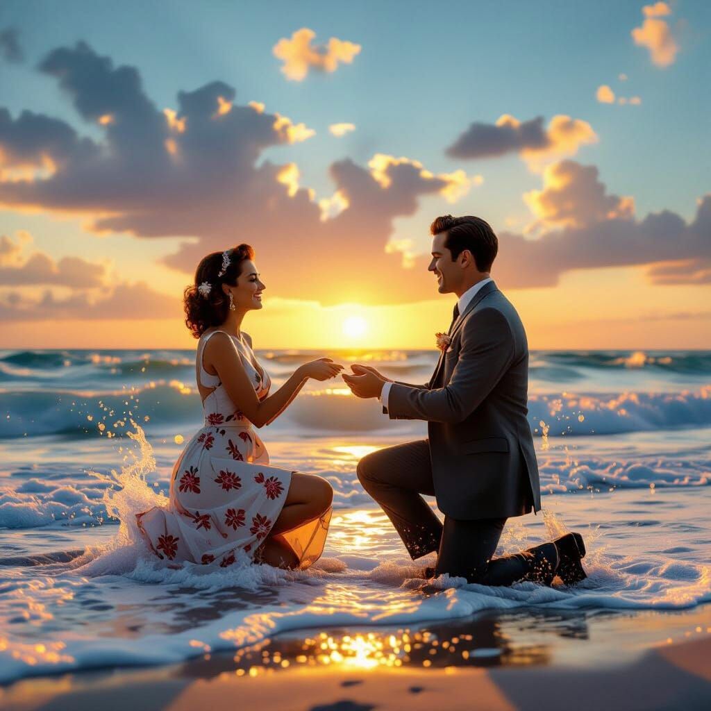 1950s Beach Proposal at Golden Hour Sunset