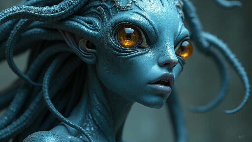 Alien Priestess with Chrome Eyes and Tentacle Dreadlocks