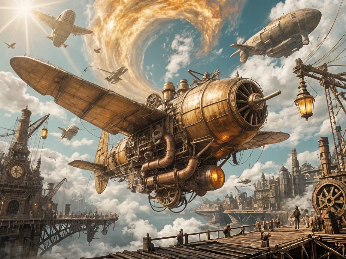 Steampunk Sky Armada in Sunlit Clouds