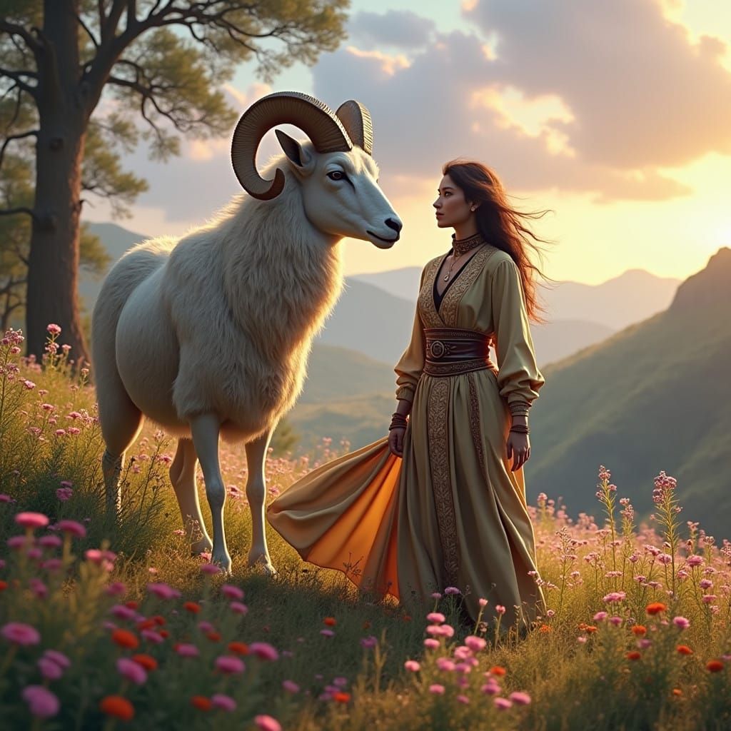 Courageous Woman and Majestic Ram in Vibrant Aries Landscape