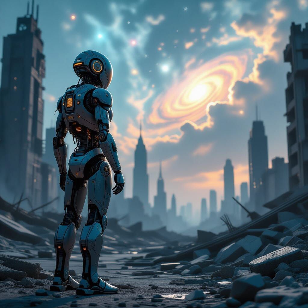 Weathered Robot in Ruined City Under Nebula Sky