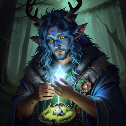 Azure Firbolg Druid Heals Animal with Green Aura