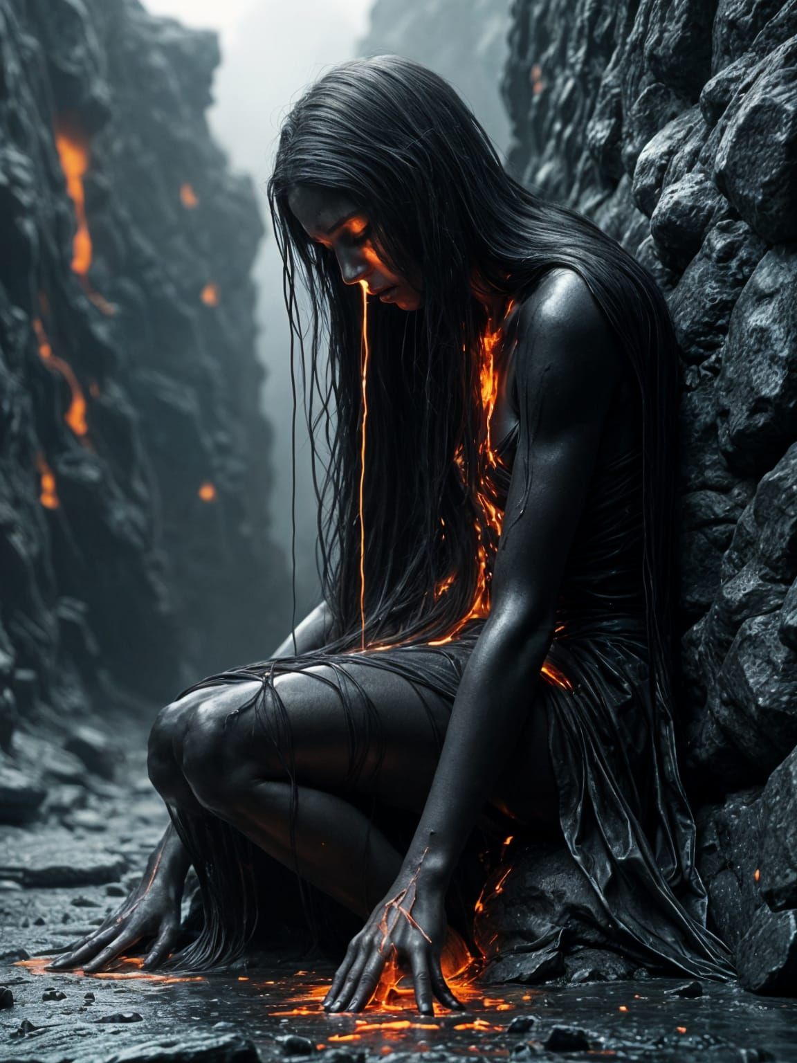 Sorrowful Woman Sculpture with Lava Tears in Goth Grunge Sty...
