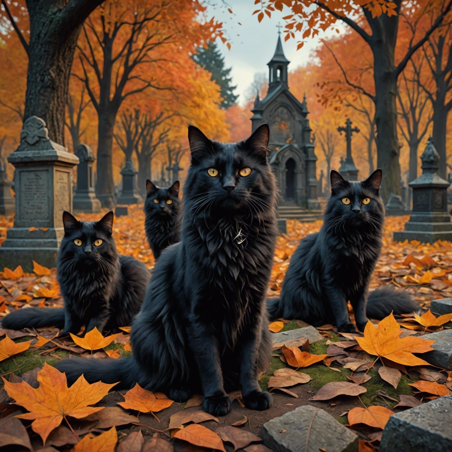 Black Cats in Autumn Graveyard Forest