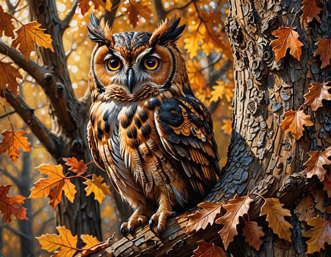 Wood Owl Camouflage in Autumn Oak: Hyperrealistic Splash Art