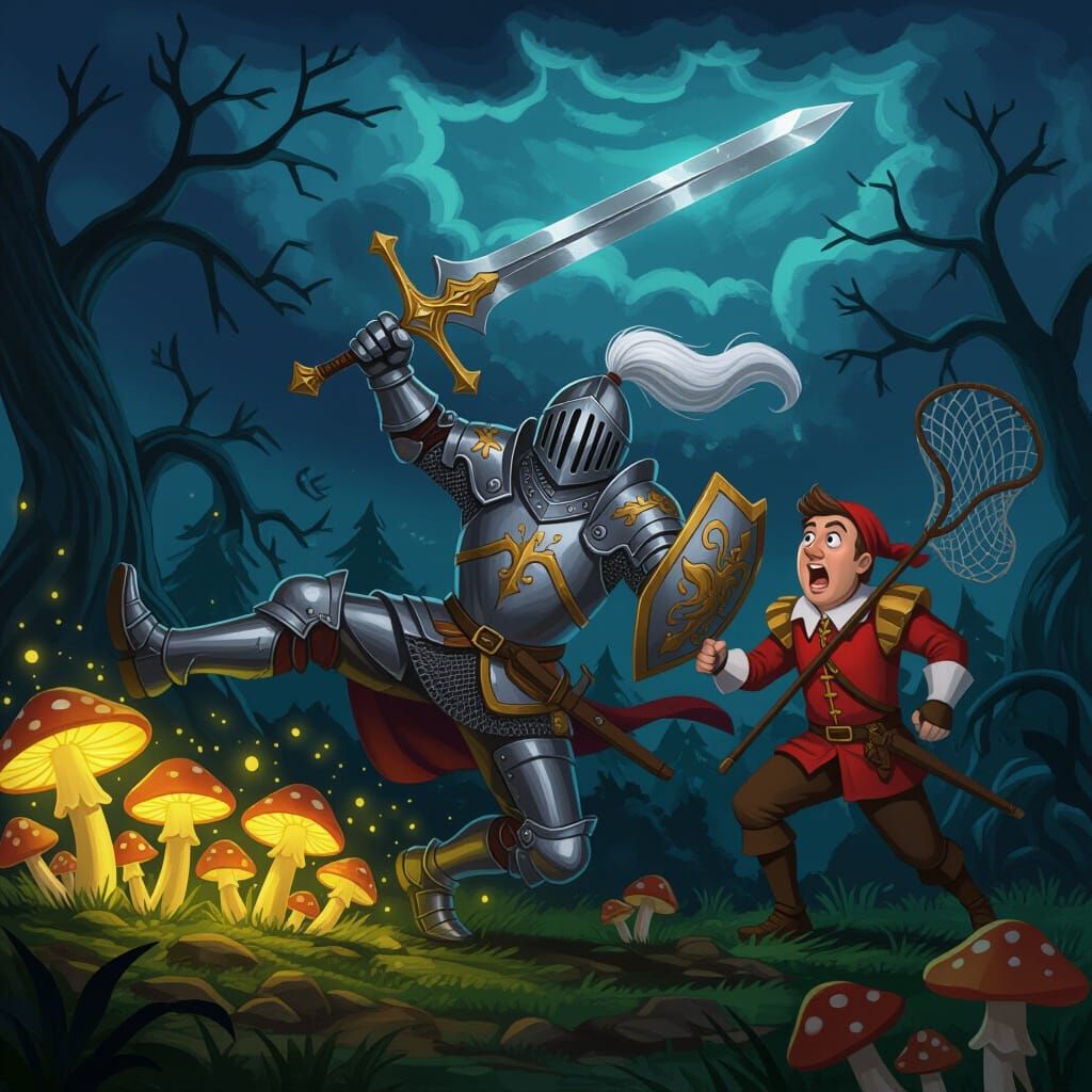 Knight's Mishap: Heroic Fantasy Scene with Glowing Mushrooms
