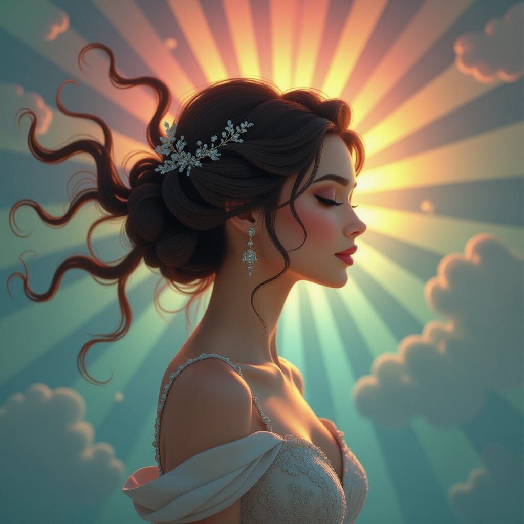 Ethereal Woman Unraveling into Roots and Clouds