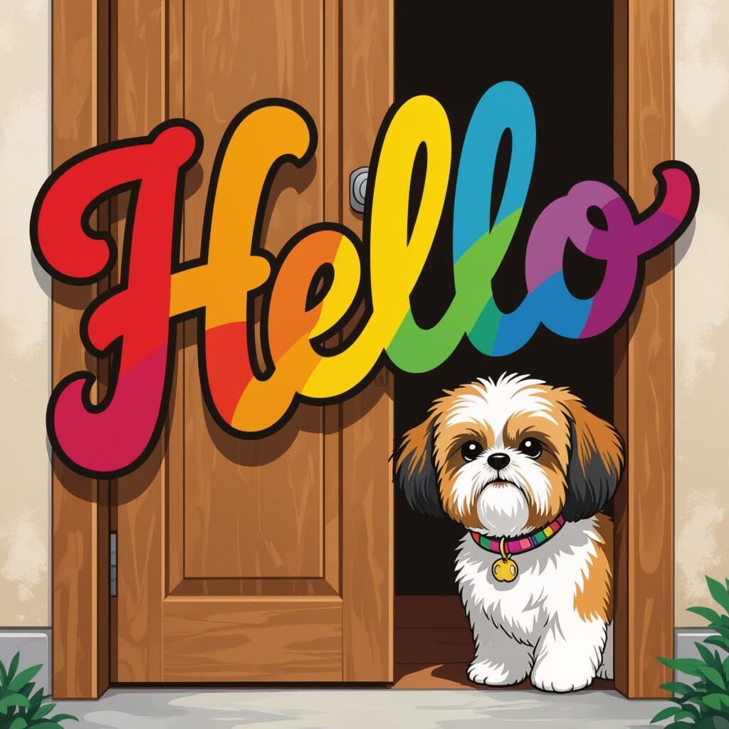 Rainbow Hello with Shih Tzu in Whimsical Style