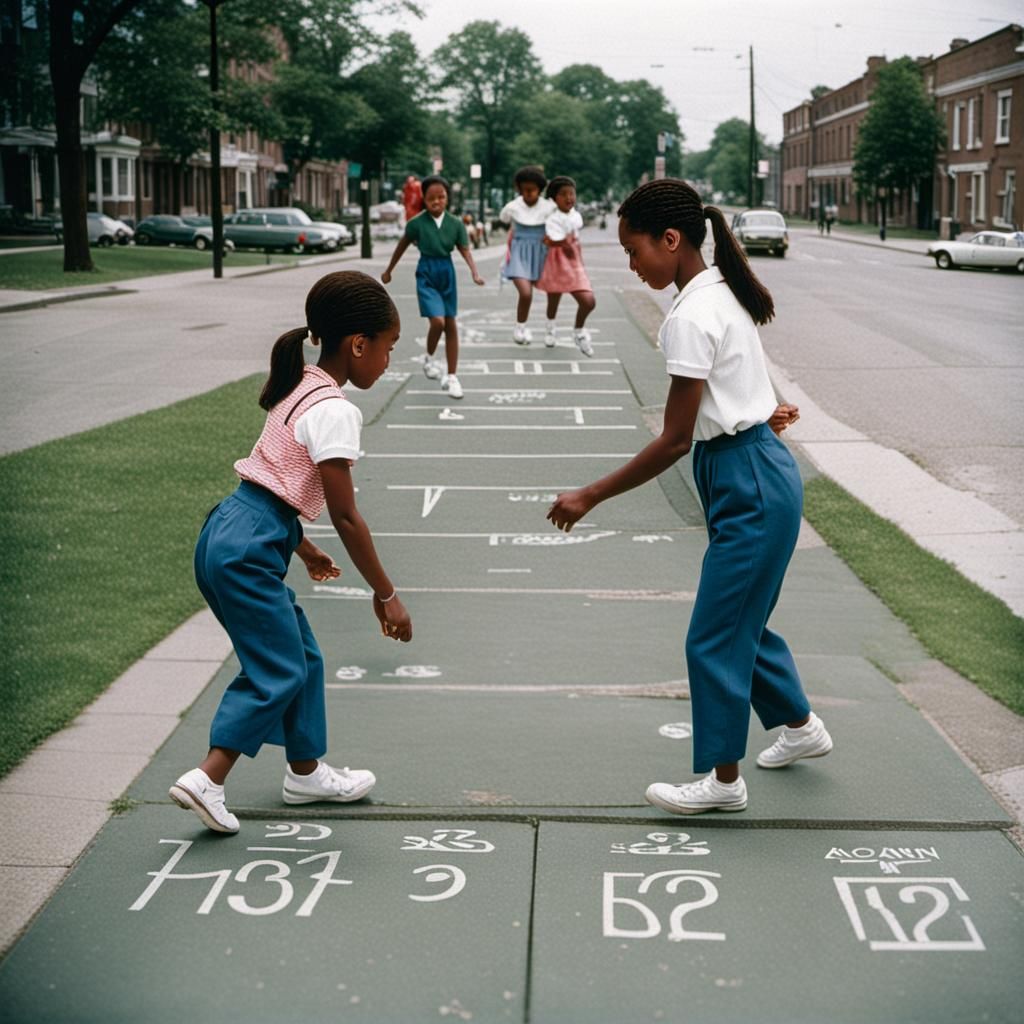 young girls playing hopscoth on the side walk in 1993