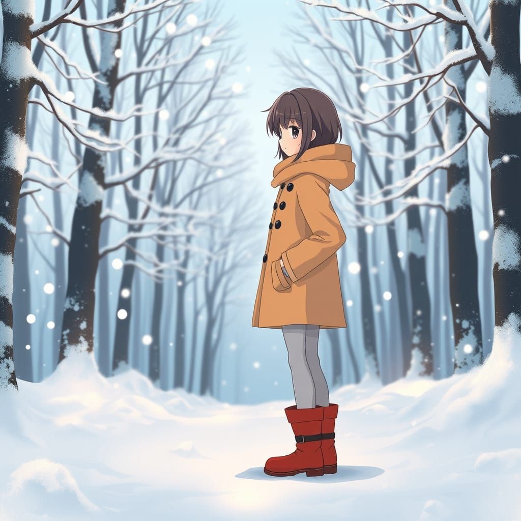 Anime Girl in Winter Forest, Anime Style