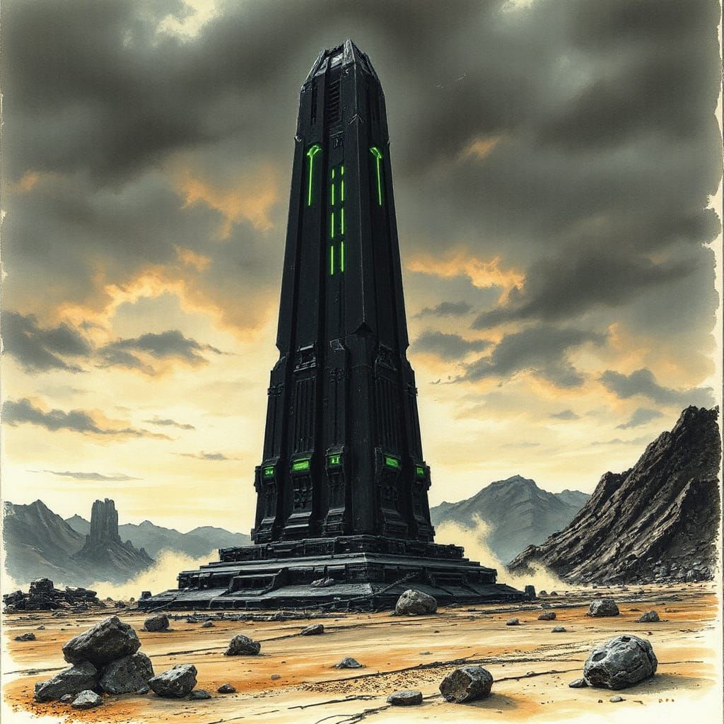 Cyberpunk-Inspired Dark Fantasy Monolith Against a Stormy, B...