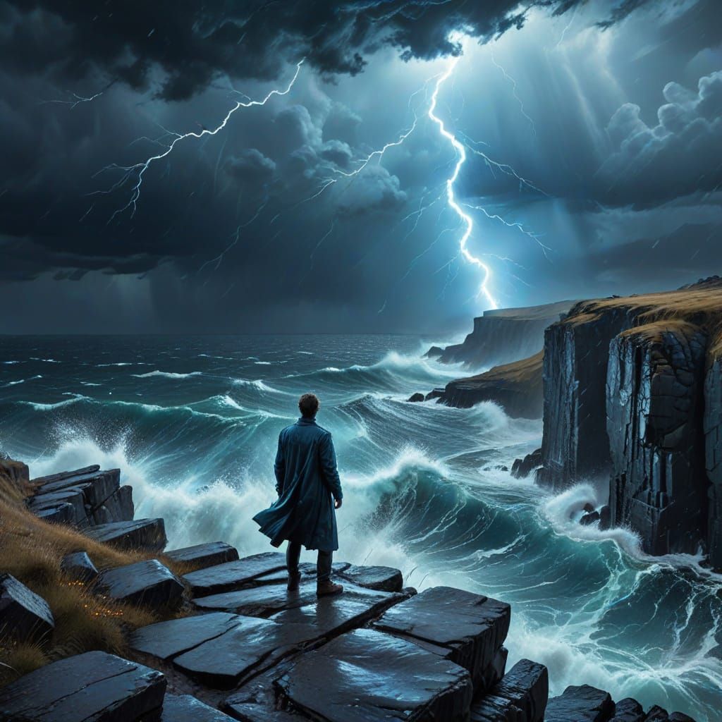 Dramatic Stormy Landscape with Lonely Traveler