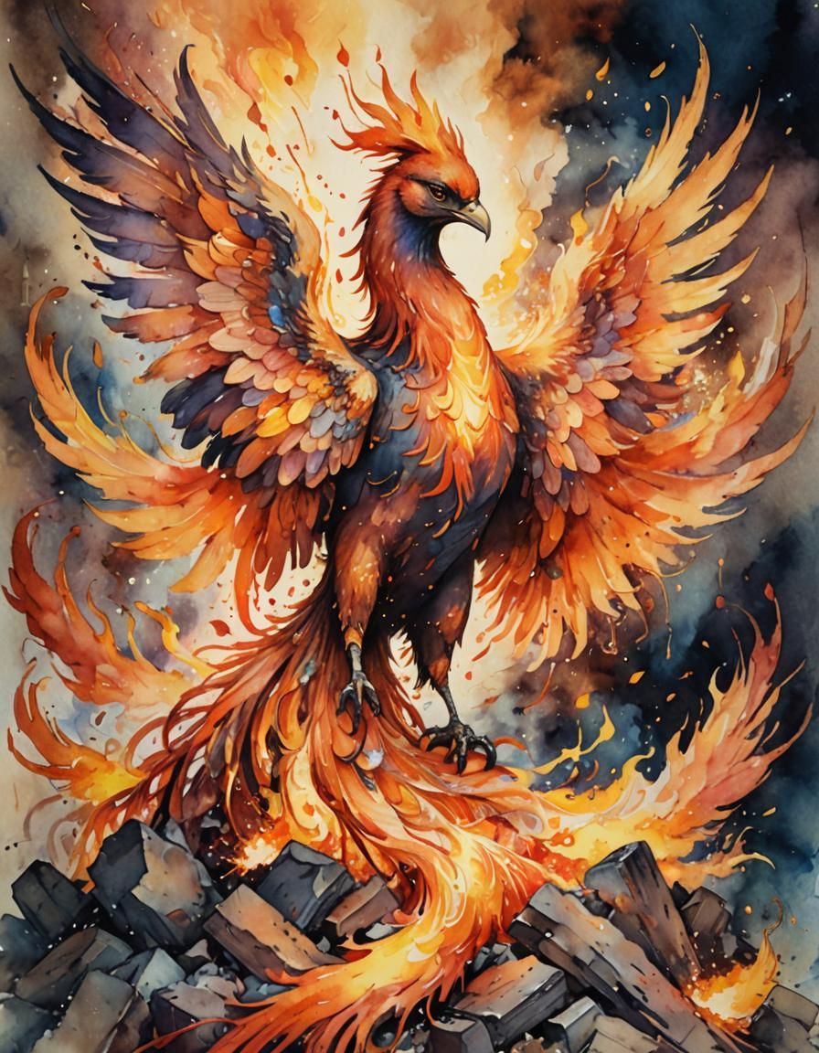 Phoenix Rising: Romantic Watercolor in Art Nouveau Style
