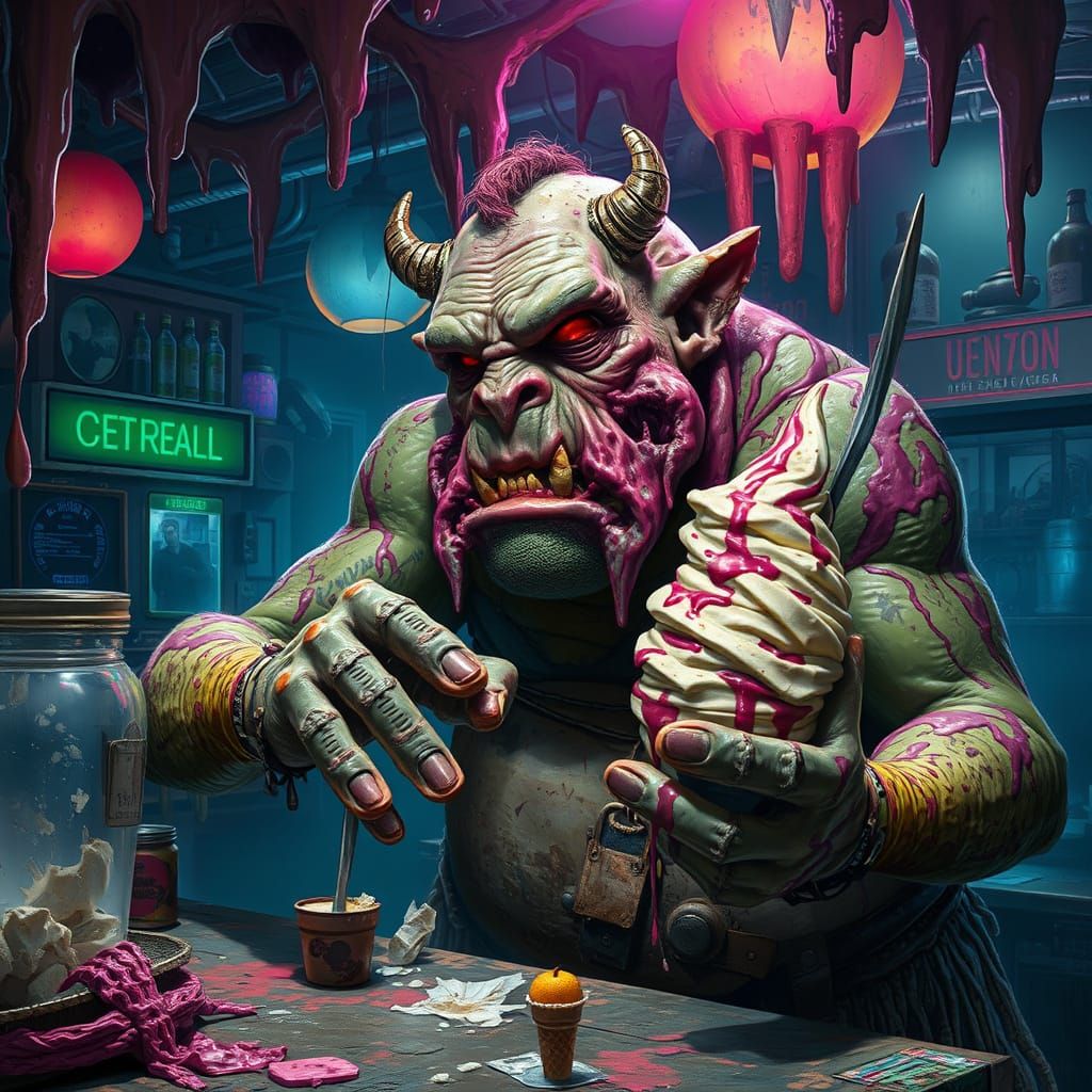 Ogre Ice Cream Vendor in Post-Apocalyptic Parlor