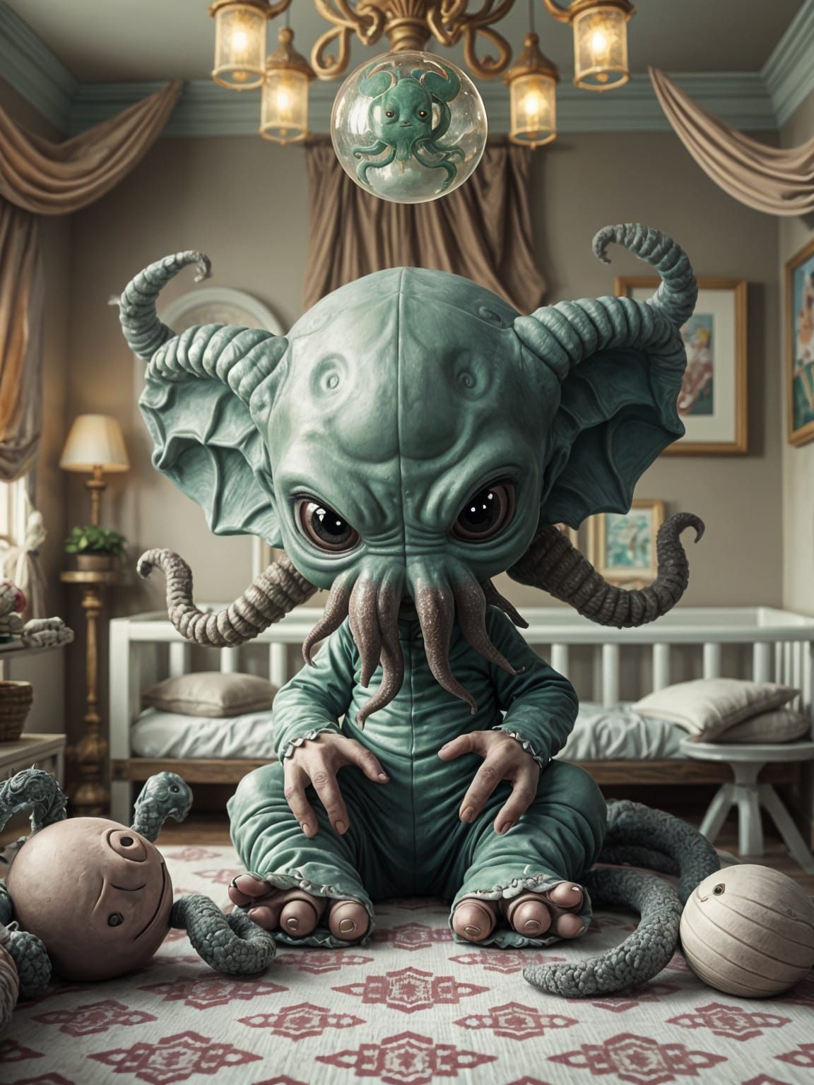 Chibified Cthulhu Baby Adorably Sits in Whimsical Nursery Sc...