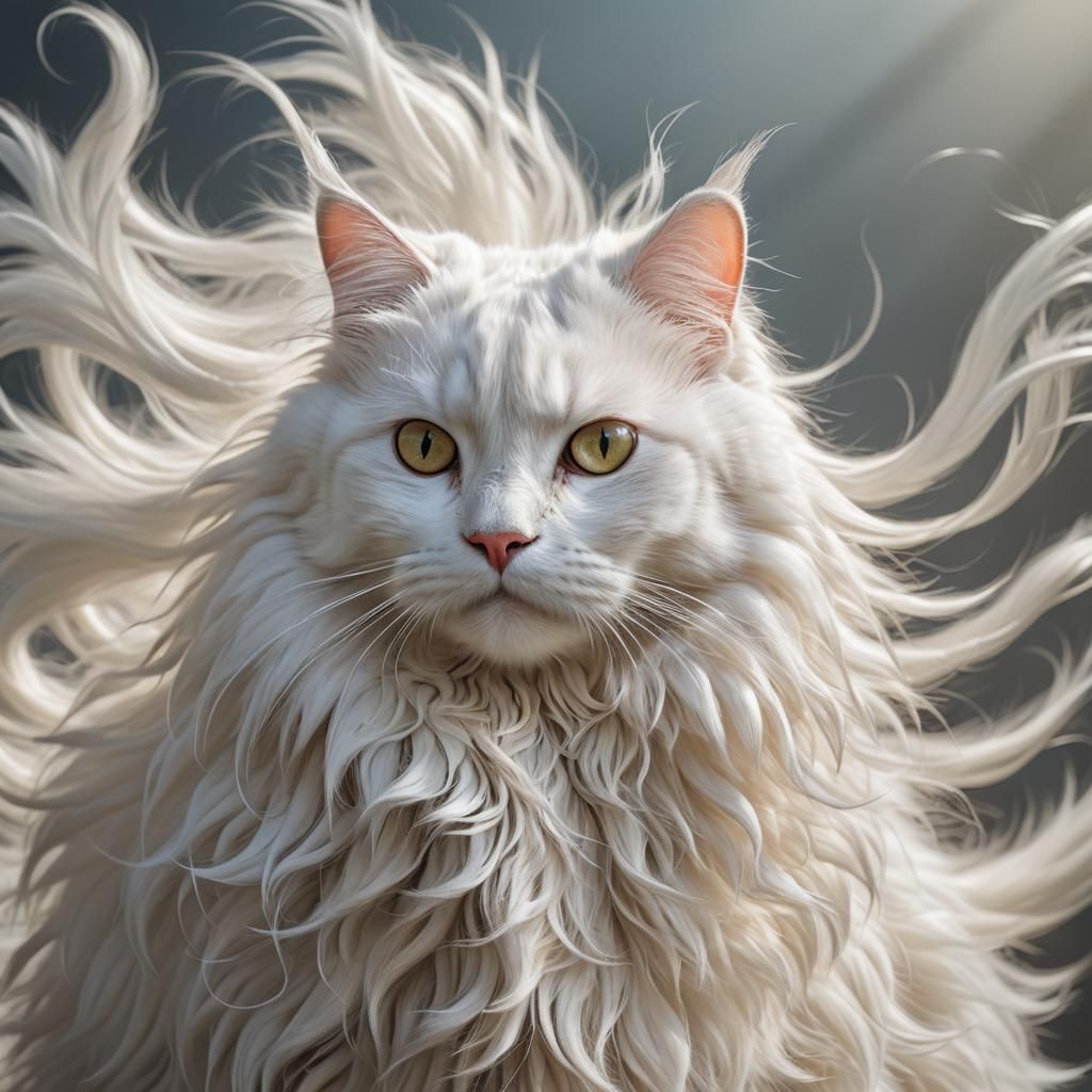 White Cat Portrait with Flowing Fur, Digital Art