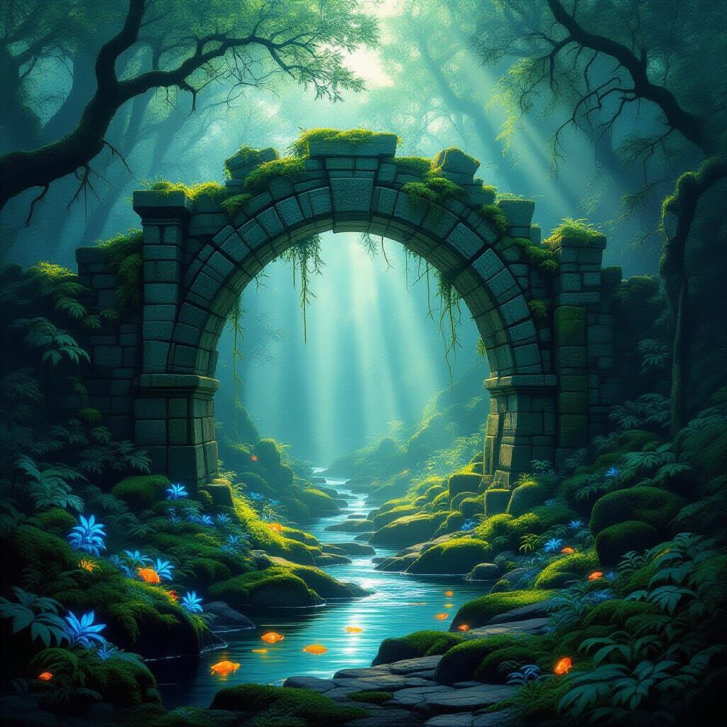 Bioluminescent Forest Archway in Impressionist Style