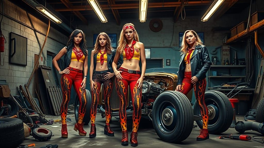 Gritty Garage Scene with Outlaw Girls and a Rusted Hot Rod