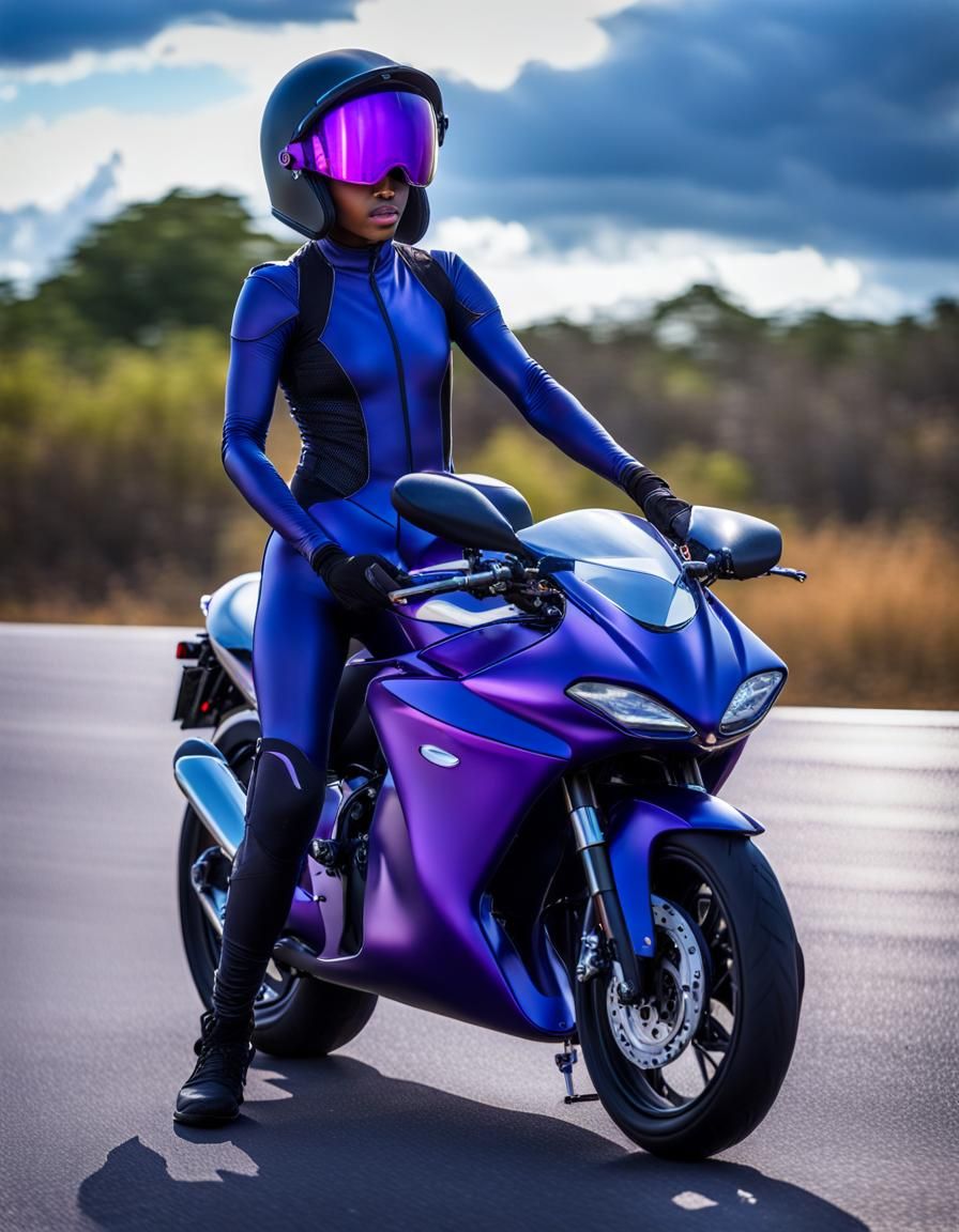 Cyberpunk Girl on Motorcycle with Shimmering Membranes