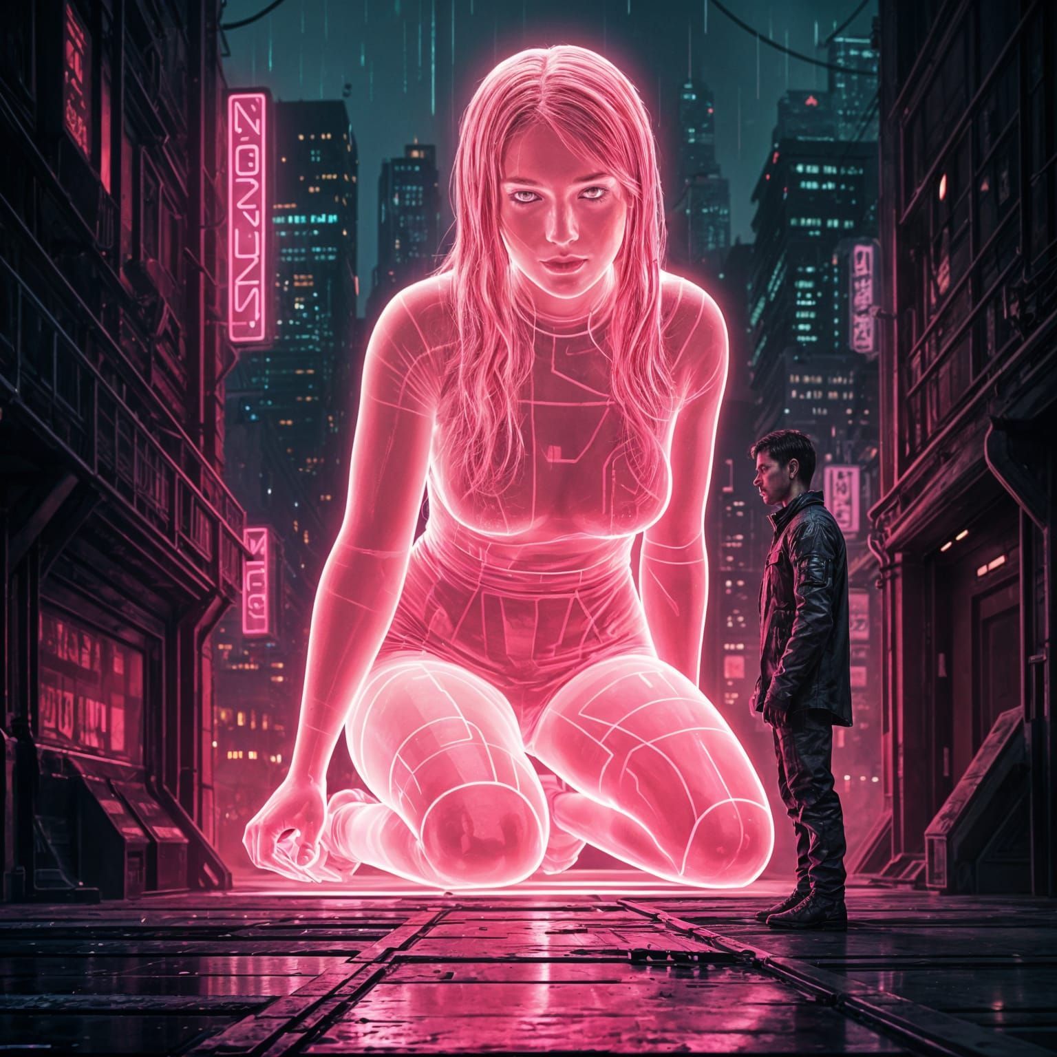 Ethereal Hologram in a Gritty Cyberpunk Cityscape