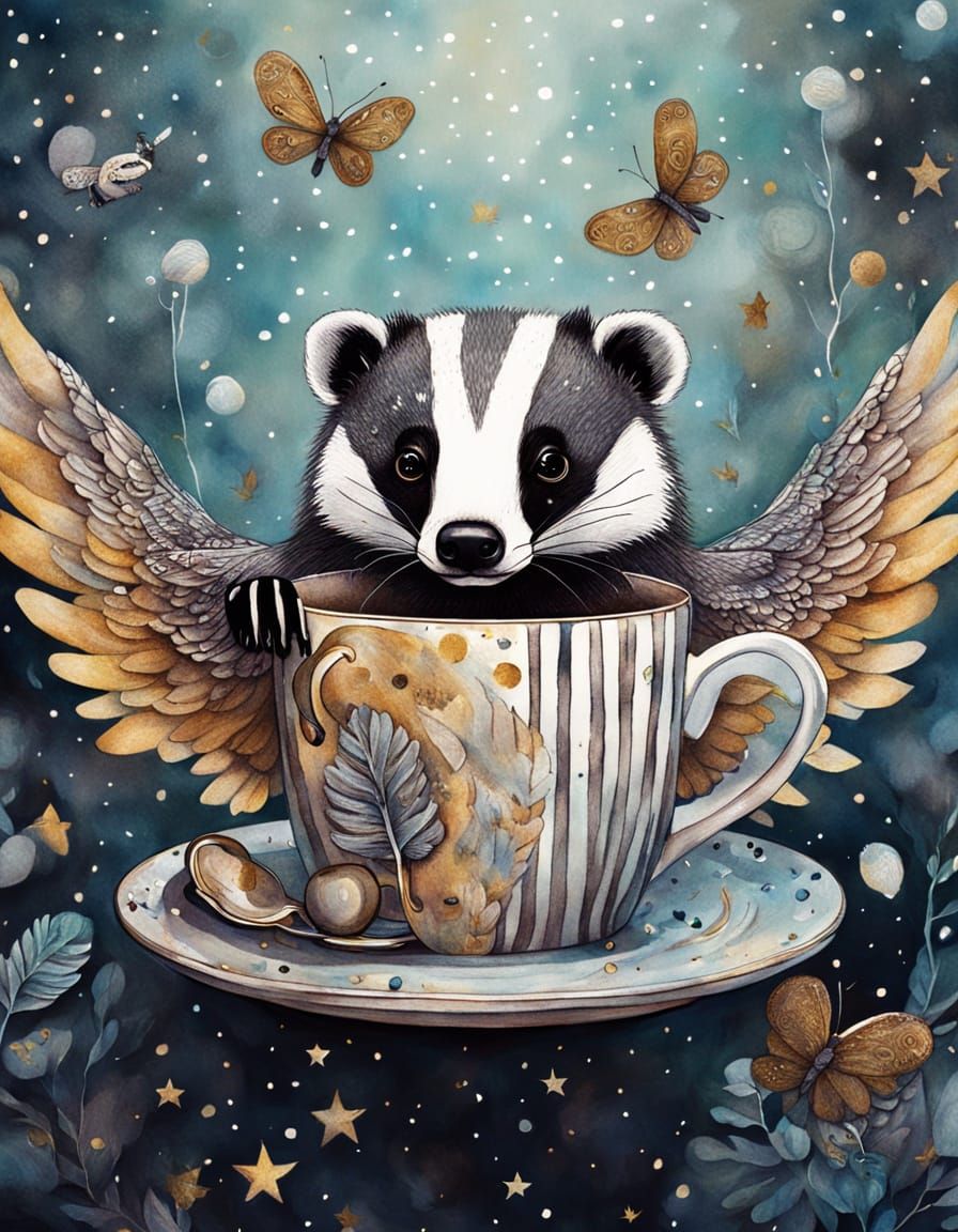 Whimsical Badger with Winged Coffee Cup in Dreamy Light