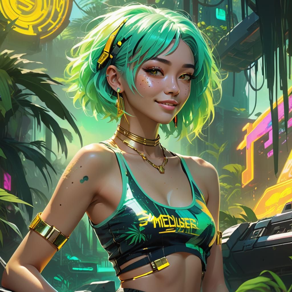 Cyberpunk Girl with Seafoam Hair in Neon Oasis