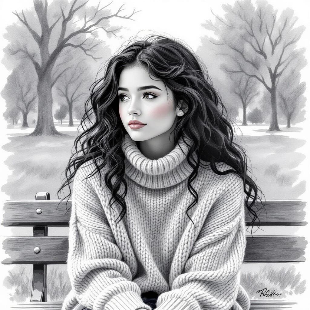 Young Woman's Charcoal Sketch in Monochromatic Style