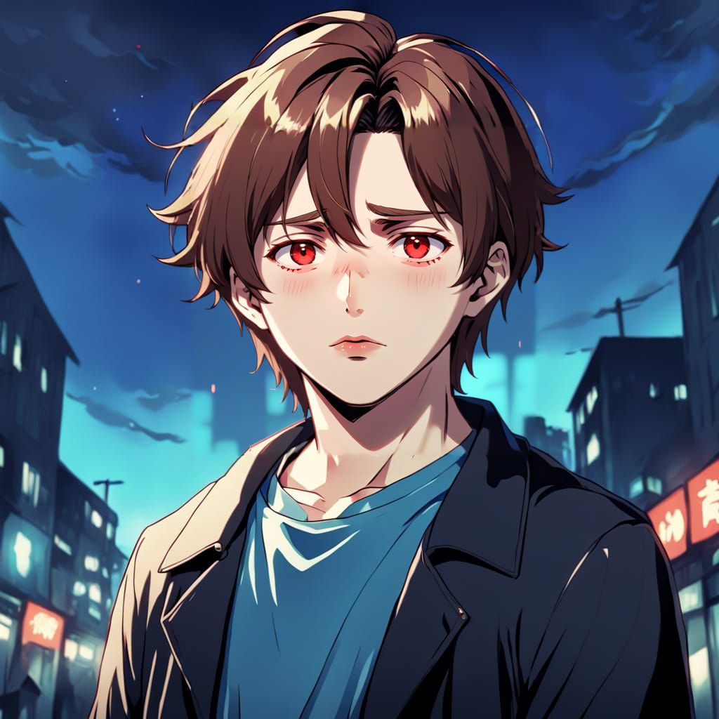 Manga-Inspired Man with Red Lipstick in Sad Portrait